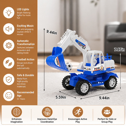 Musical Excavator Toy with Automatic Soccer Ball Scooping & LED Lights