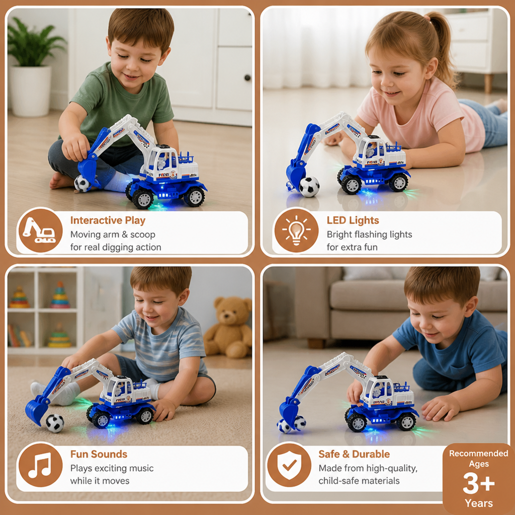 Musical Excavator Toy with Automatic Soccer Ball Scooping & LED Lights