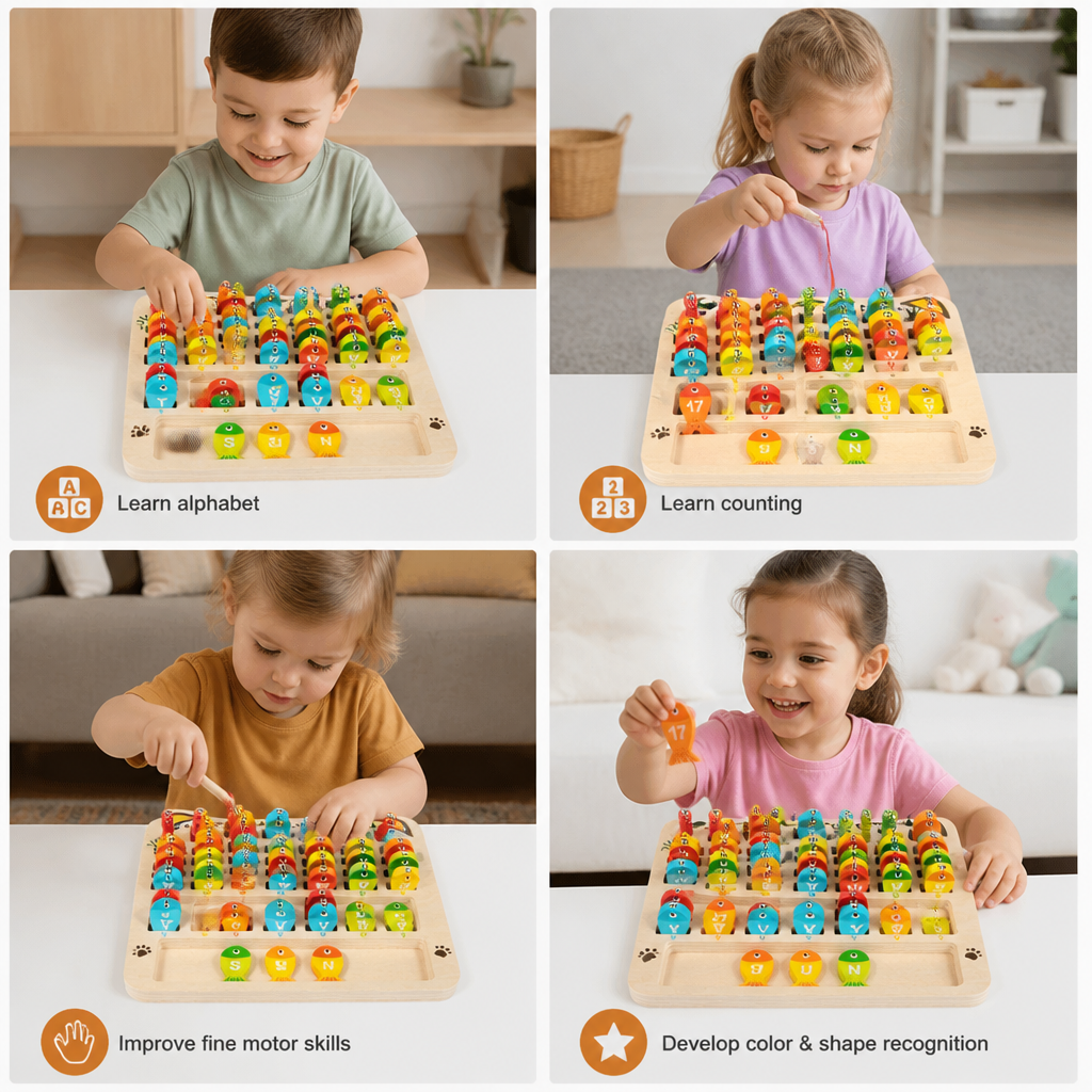 Wooden Magnetic Fishing Game – Alphabet, Math & Fine Motor Skills Learning Toy for Kids