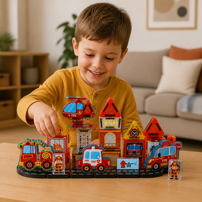 40-Piece Magnetic Travel Building Set with Construction, Fire Truck & Police Vehicles