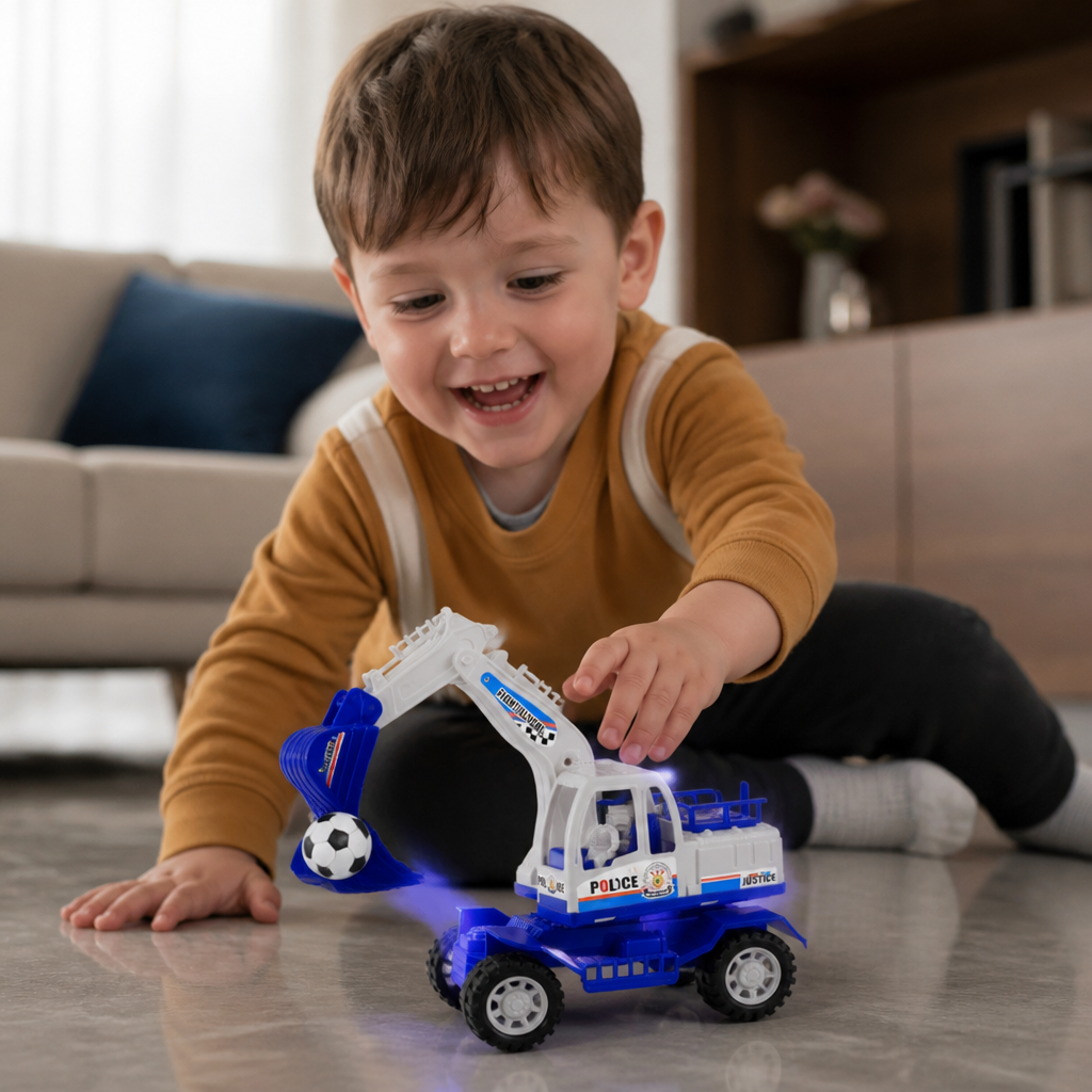 Musical Excavator Toy with Automatic Soccer Ball Scooping & LED Lights