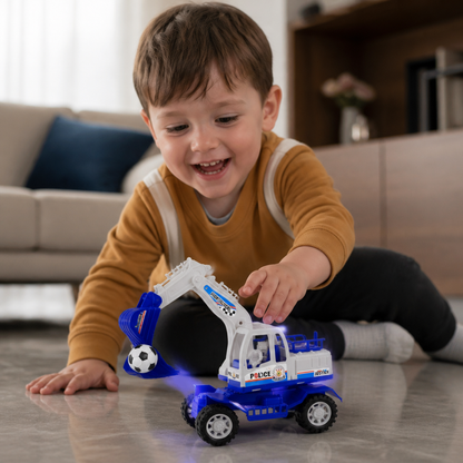 Musical Excavator Toy with Automatic Soccer Ball Scooping & LED Lights