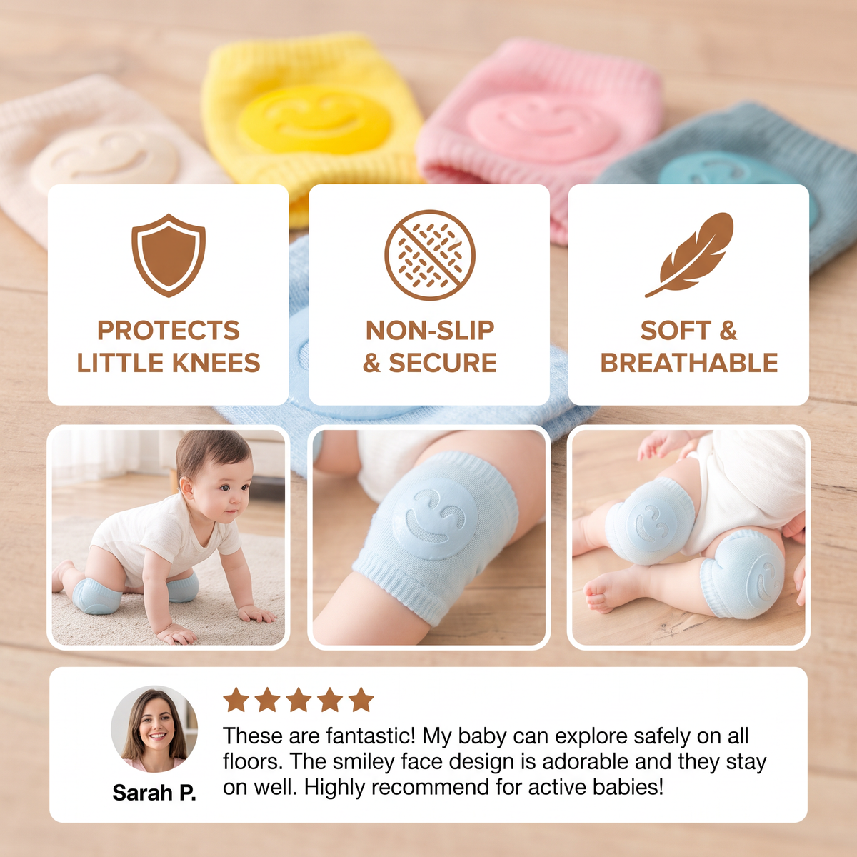 Baby Crawling Knee Pads – Non-Slip Protection with Smiley Face Design