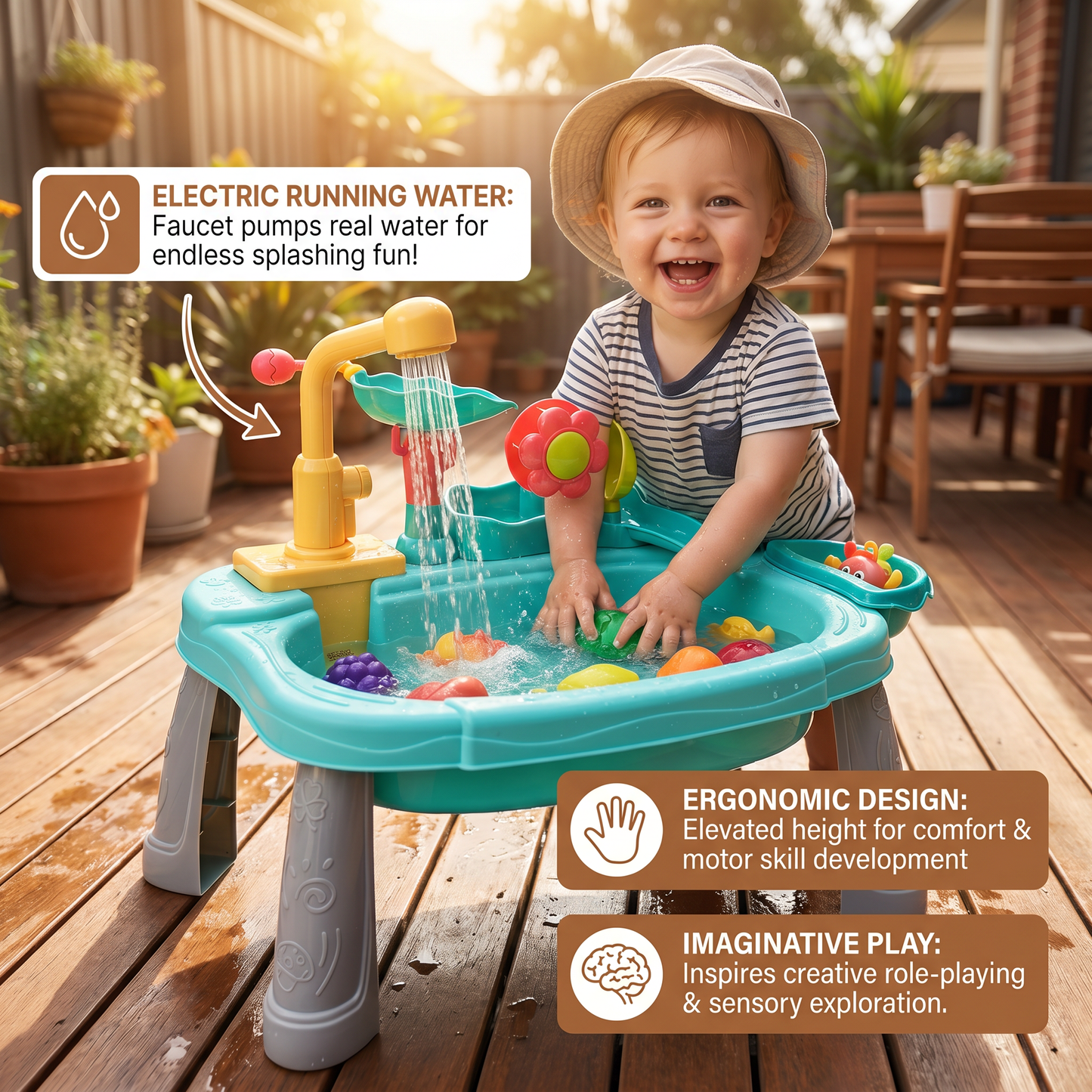 Ergonomic Elevated Kids Kitchen Sink Playset with Electric Running Water
