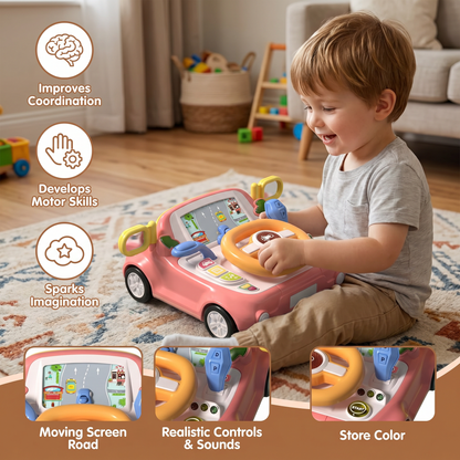 Driving Simulator Toy with Steering Wheel and Screen for Kids
