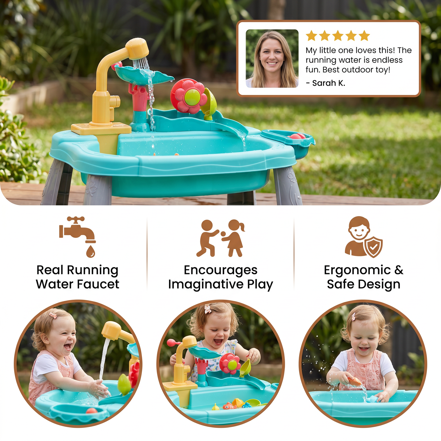 Ergonomic Elevated Kids Kitchen Sink Playset with Electric Running Water