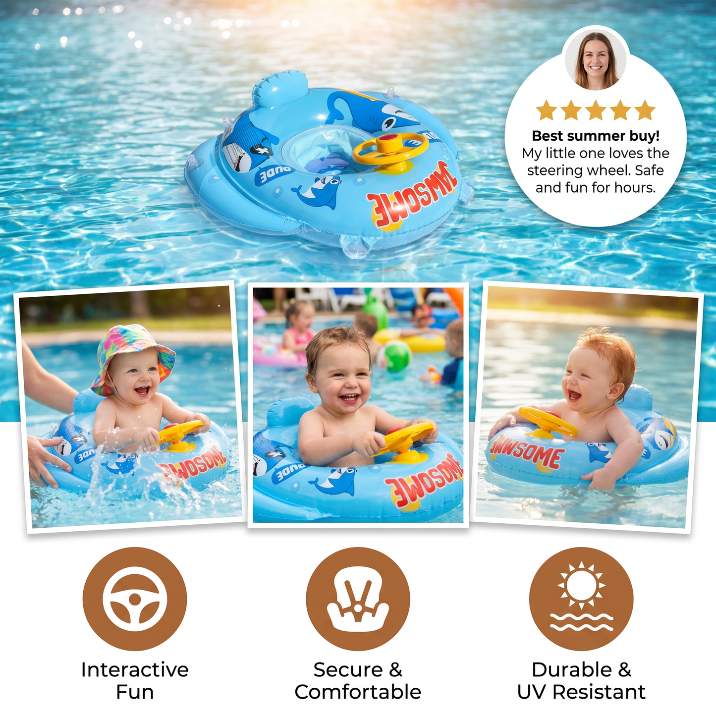 Baby Shark Pool Float with Steering Wheel for Toddlers
