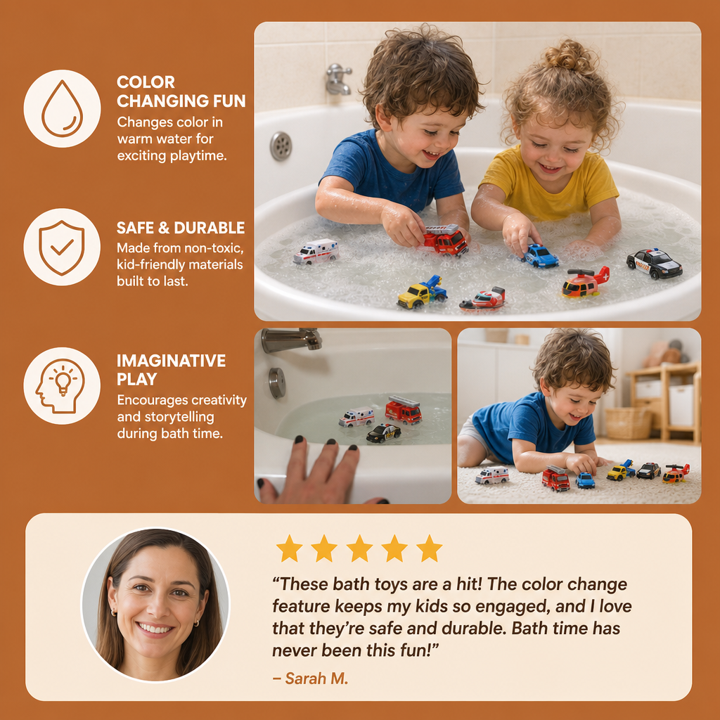 6-Pack Color-Changing Emergency Vehicle Bath Toys for Babies & Toddlers