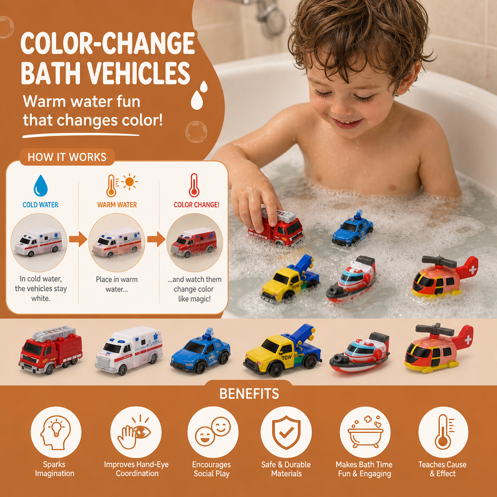6-Pack Color-Changing Emergency Vehicle Bath Toys for Babies & Toddlers