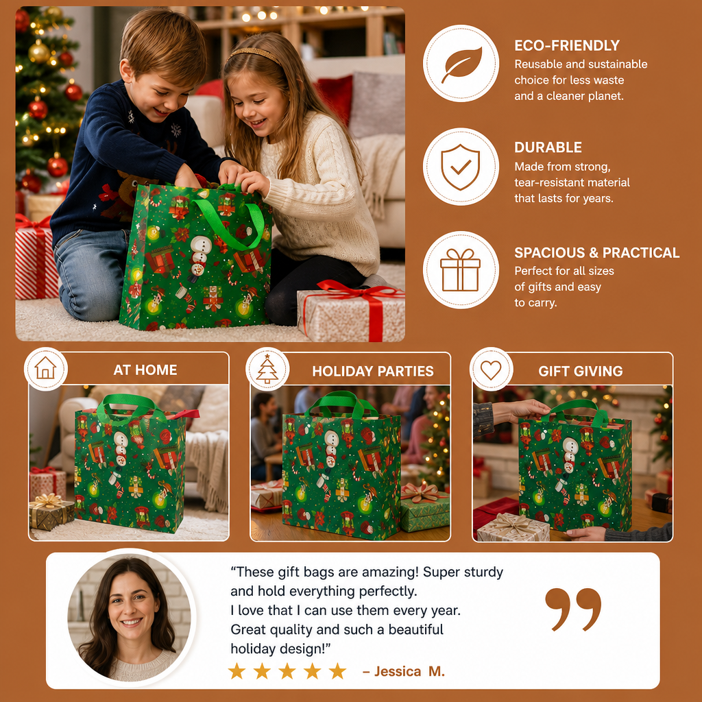 Reusable Christmas Gift Bags with Handles – Various Festive Designs