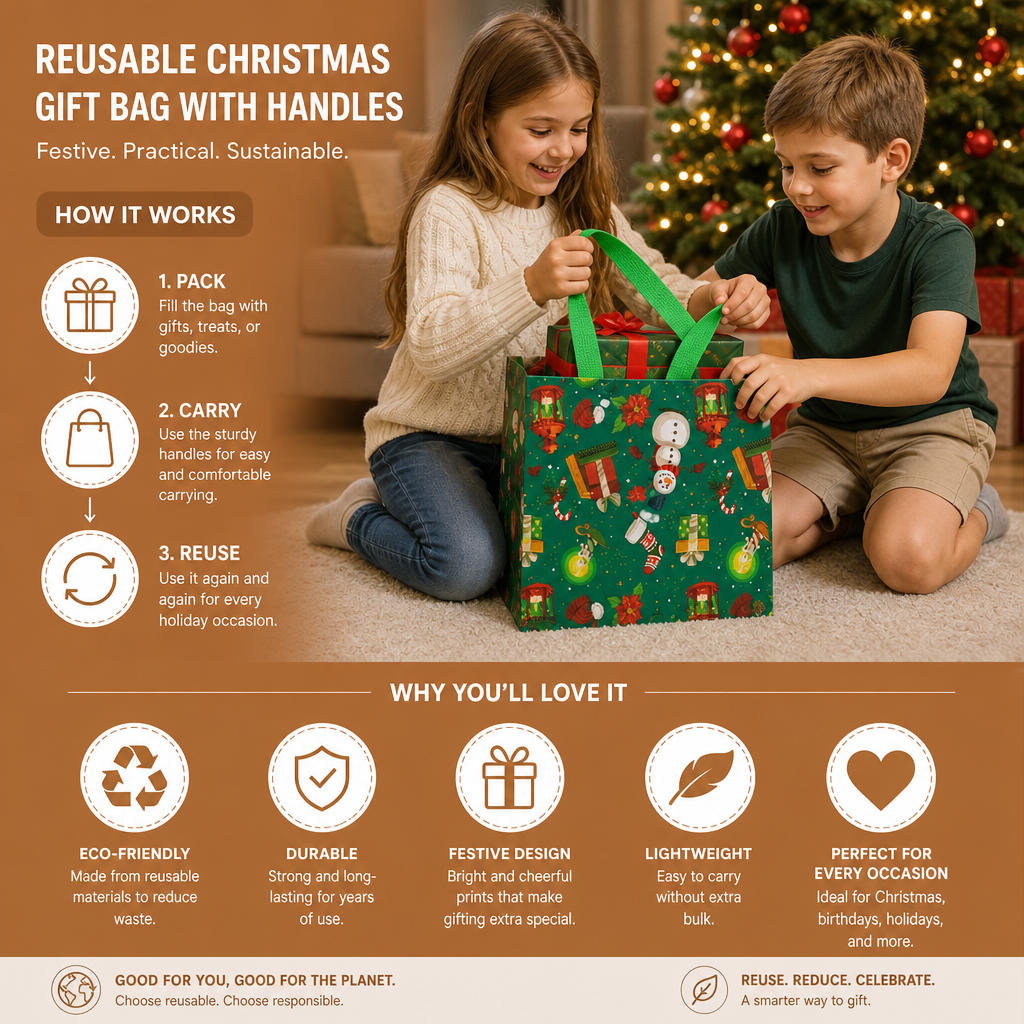 Reusable Christmas Gift Bags with Handles – Various Festive Designs