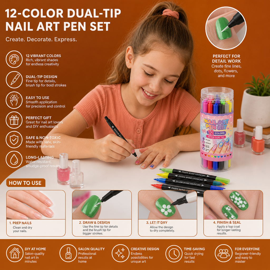 12-Color Dual-Tip Nail Art Pen Set – Fine Detail & Creative Designs