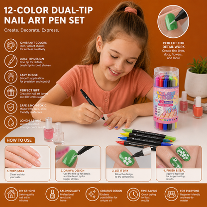 12-Color Dual-Tip Nail Art Pen Set – Fine Detail & Creative Designs