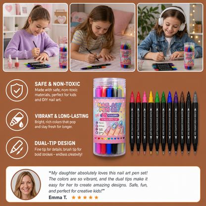 12-Color Dual-Tip Nail Art Pen Set – Fine Detail & Creative Designs