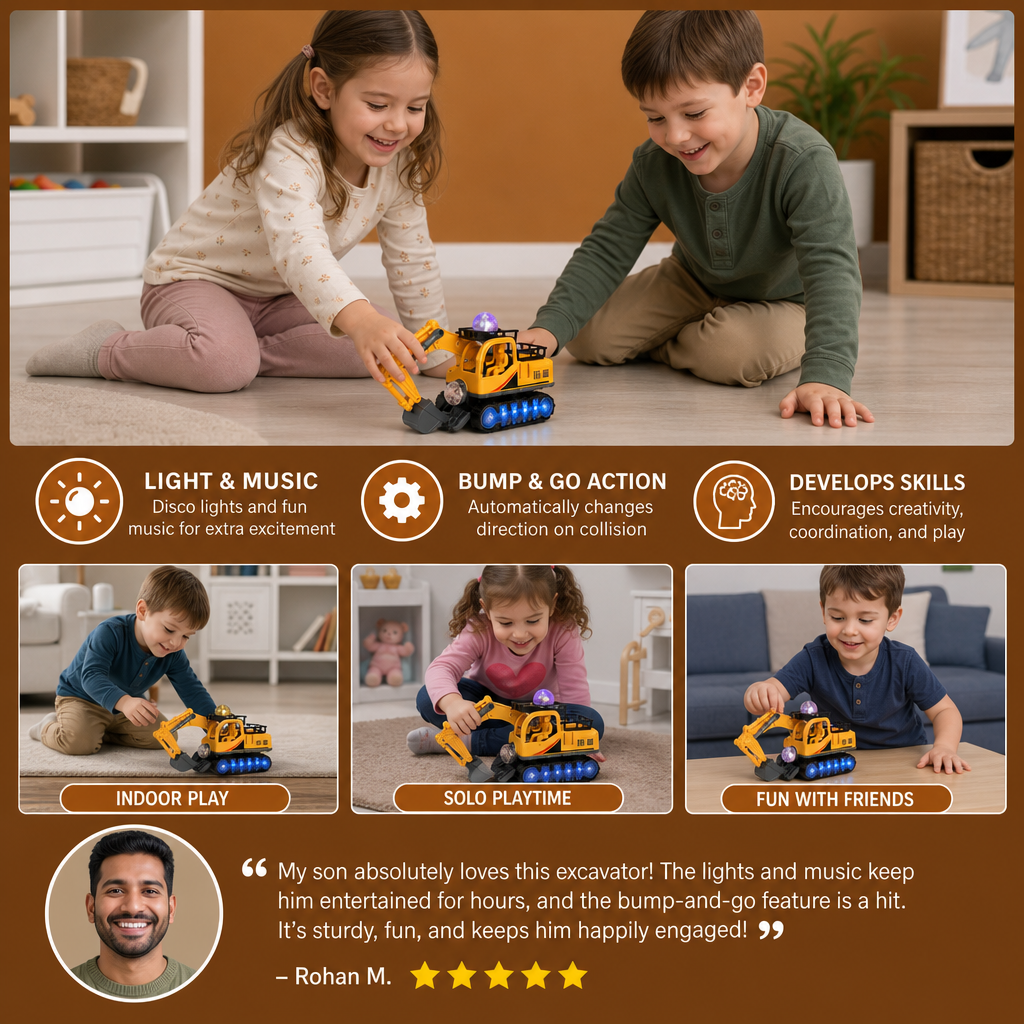 Electric Excavator Toy with Disco Ball, Music & Bump-and-Go Action