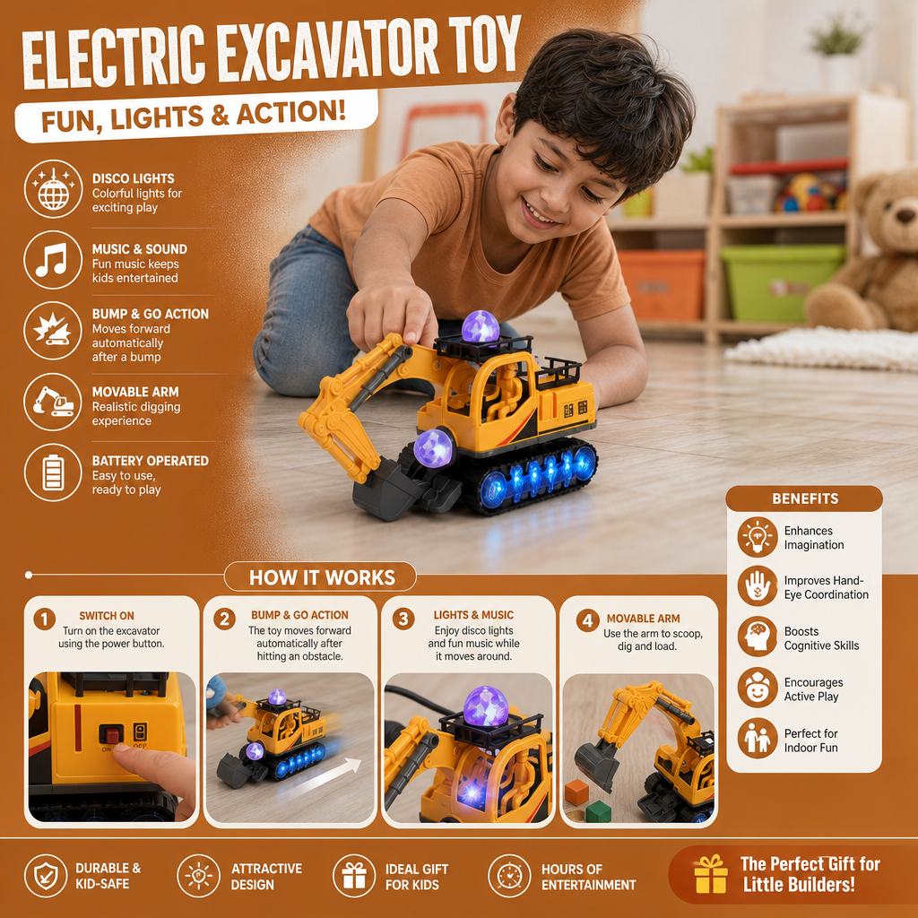 Electric Excavator Toy with Disco Ball, Music & Bump-and-Go Action