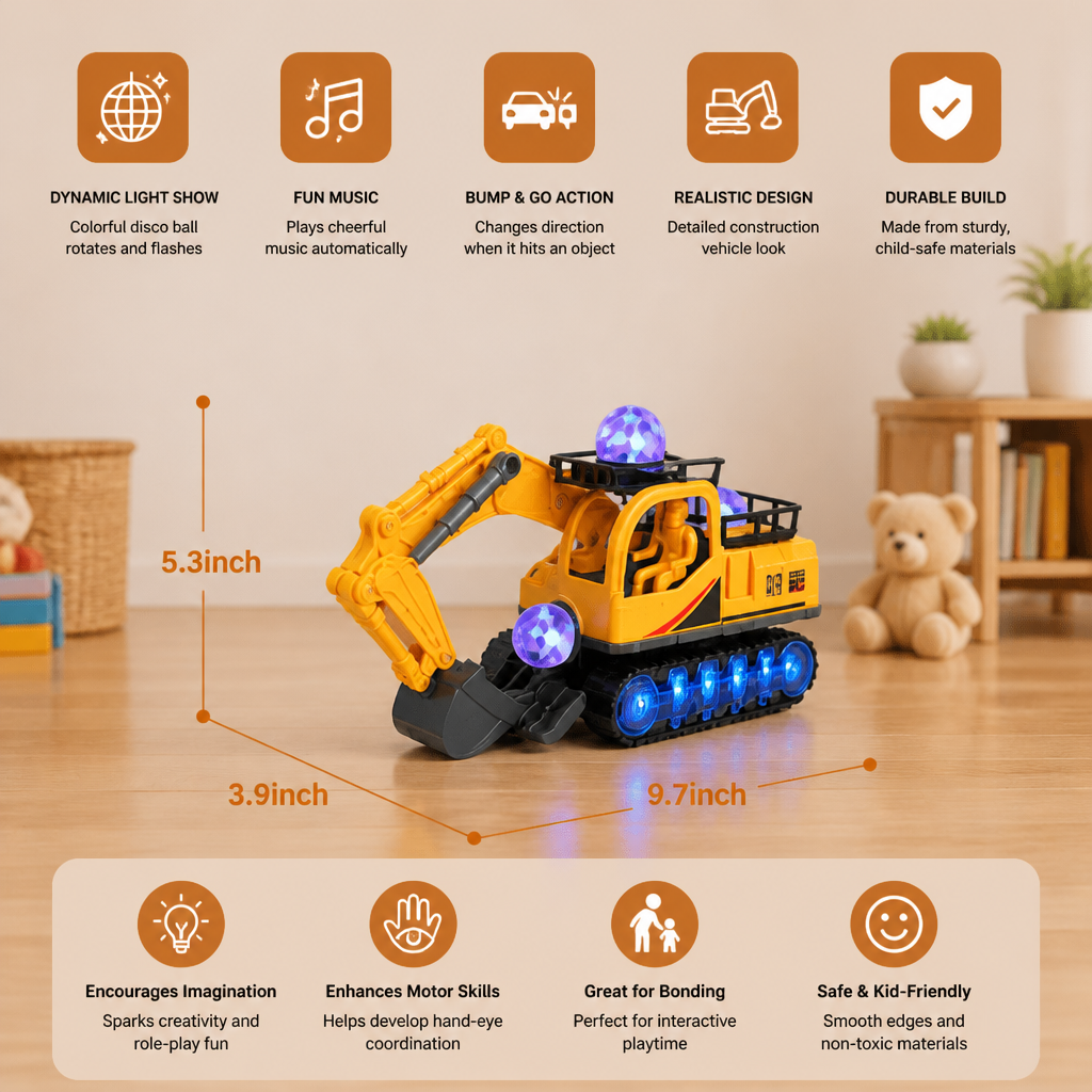 Electric Excavator Toy with Disco Ball, Music & Bump-and-Go Action