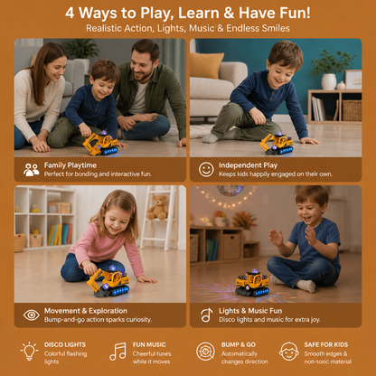 Electric Excavator Toy with Disco Ball, Music & Bump-and-Go Action