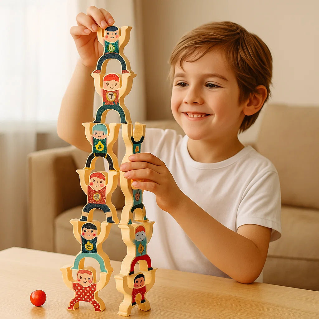 Wooden Stacking Game with Painted Figures for Balance and Building Play