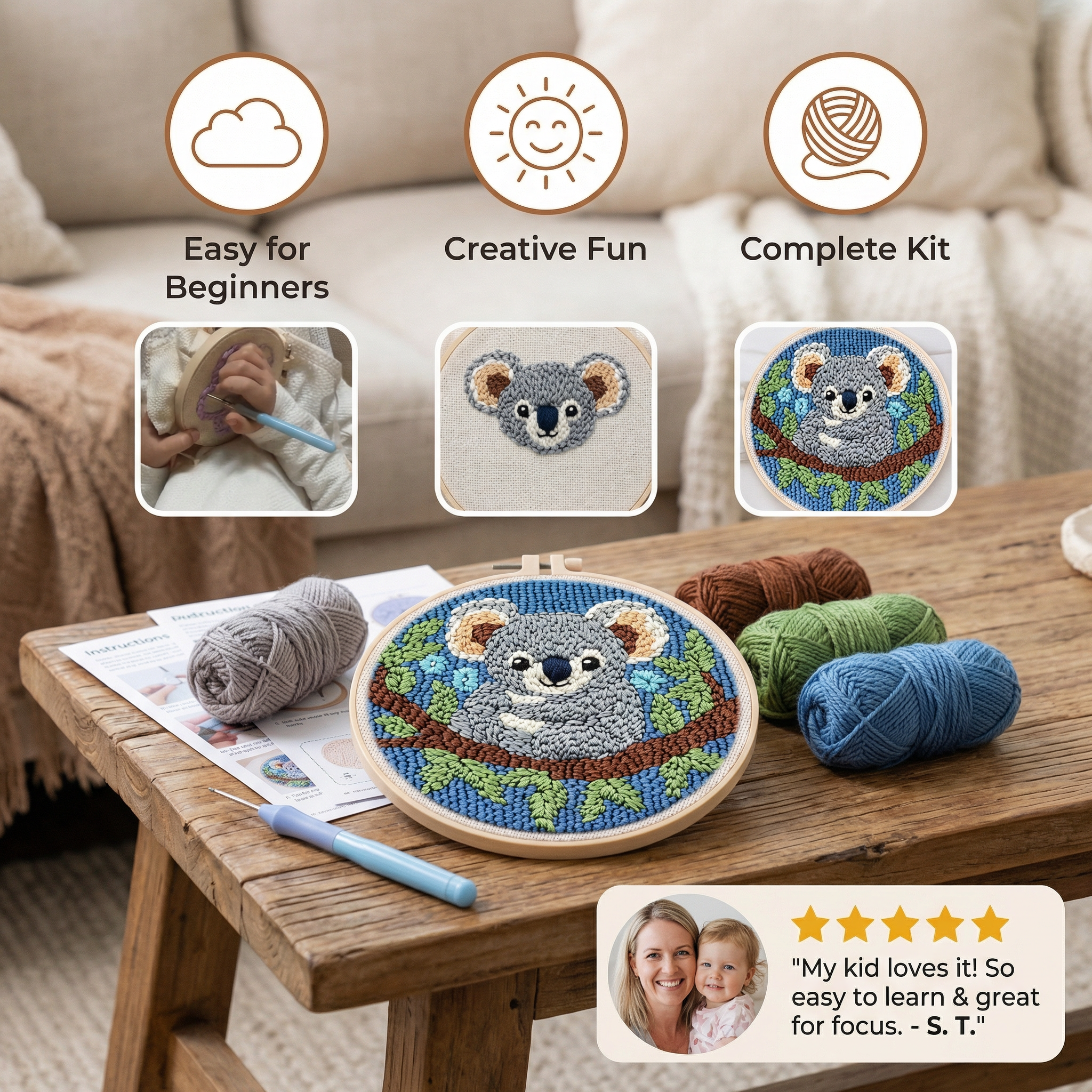 Beginner Embroidery Craft Kit with Punch Needle and Yarn