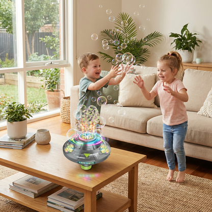 Light-Up UFO Bubble Machine for Kids – Rechargeable Spinning Bubble Blaster with LED Effects