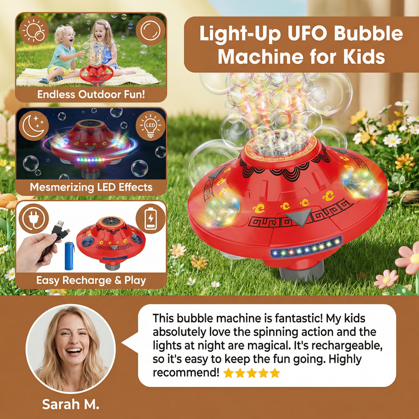 Light-Up UFO Bubble Machine for Kids – Rechargeable Spinning Bubble Blaster with LED Effects