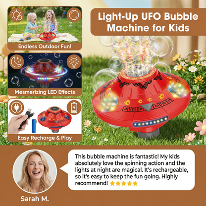 Light-Up UFO Bubble Machine for Kids – Rechargeable Spinning Bubble Blaster with LED Effects