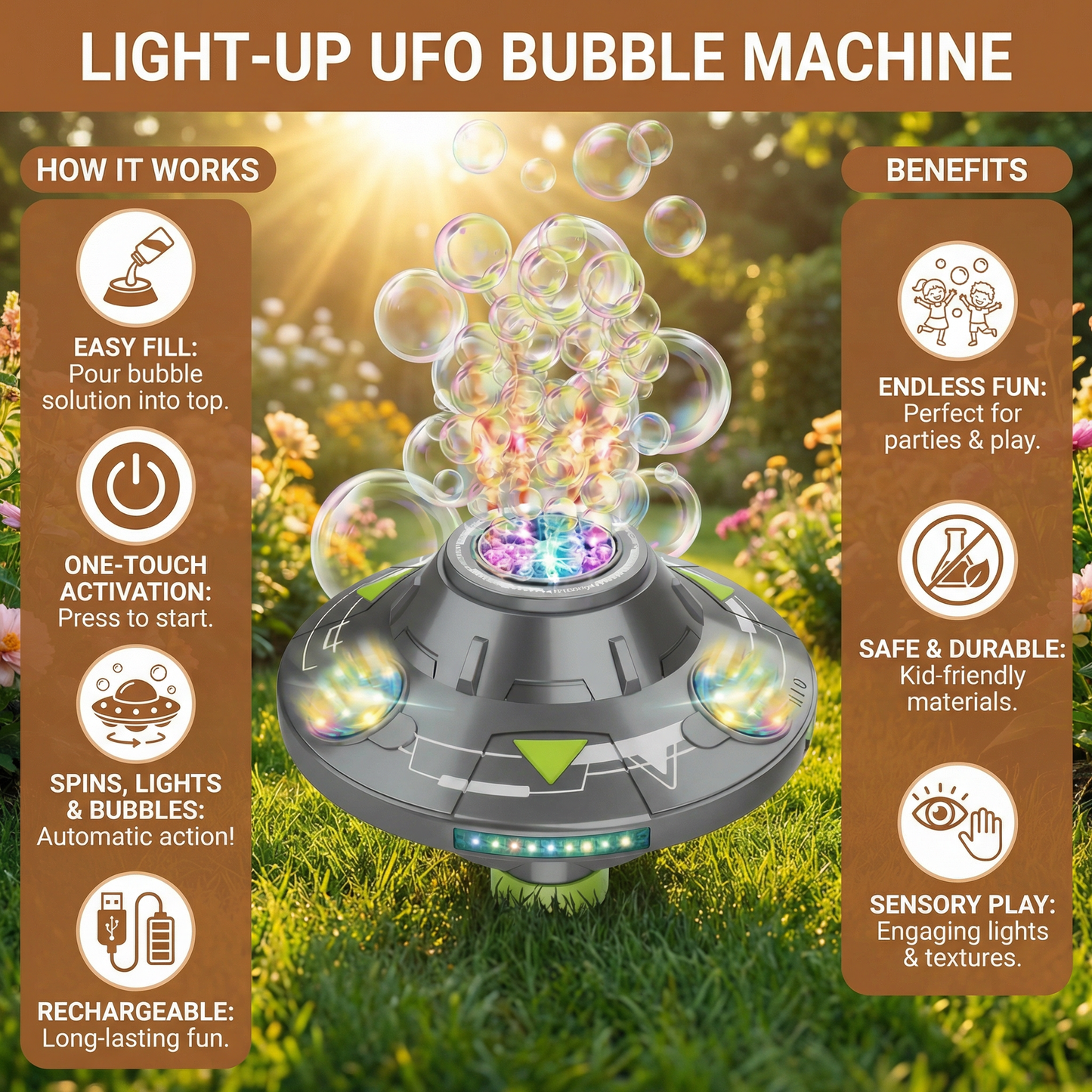 Light-Up UFO Bubble Machine for Kids – Rechargeable Spinning Bubble Blaster with LED Effects