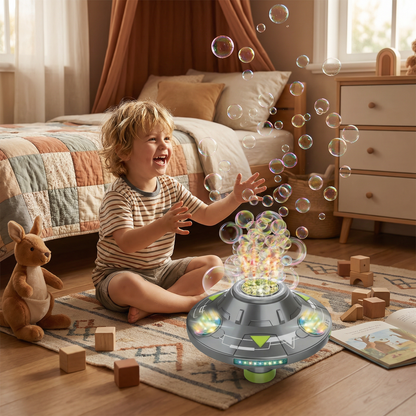 Light-Up UFO Bubble Machine for Kids – Rechargeable Spinning Bubble Blaster with LED Effects