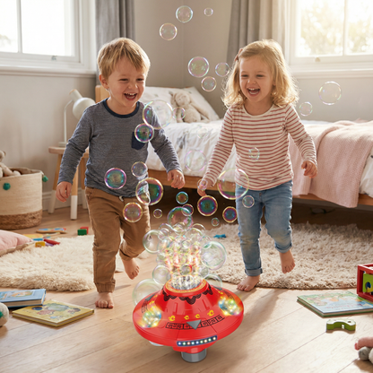 Light-Up UFO Bubble Machine for Kids – Rechargeable Spinning Bubble Blaster with LED Effects