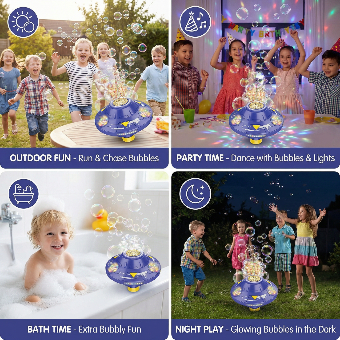 Light-Up UFO Bubble Machine for Kids – Rechargeable Spinning Bubble Blaster with LED Effects
