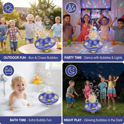 Light-Up UFO Bubble Machine for Kids – Rechargeable Spinning Bubble Blaster with LED Effects