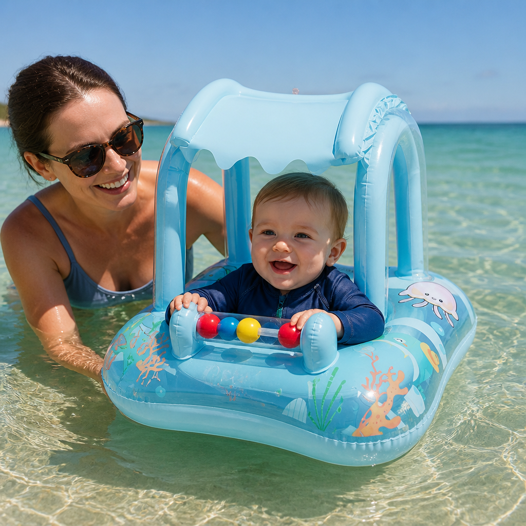 Inflatable Baby Pool Float with Canopy & Ocean Print