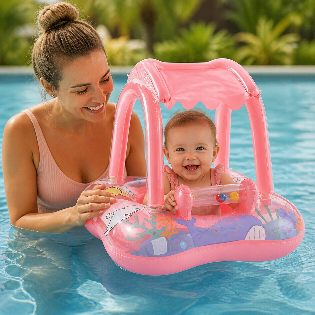 Inflatable Baby Pool Float with Canopy & Ocean Print