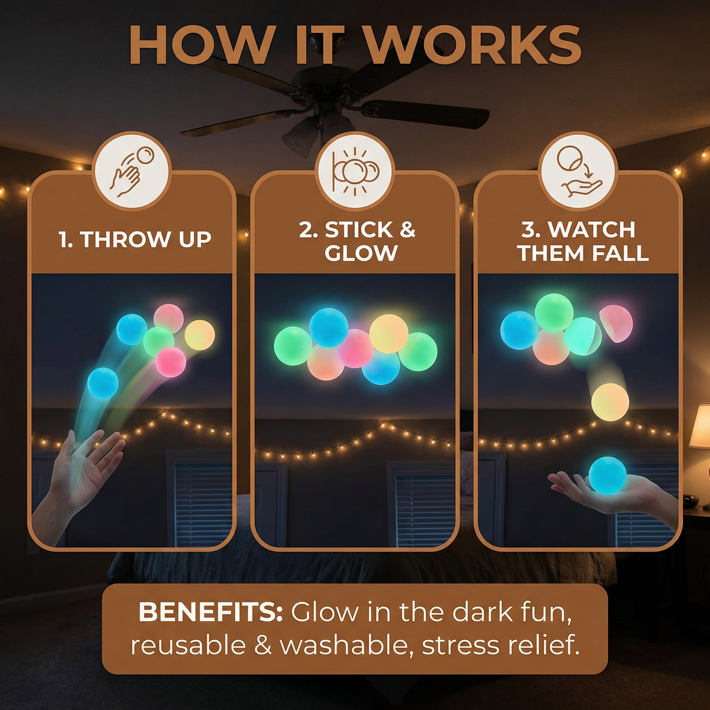 Glow in the Dark Sticky Balls – Throw & Stick Ceiling Toy for Kids & Adults