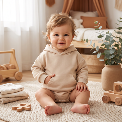 Hooded Baby Romper – Soft Long Sleeve Onesie with Front Pocket