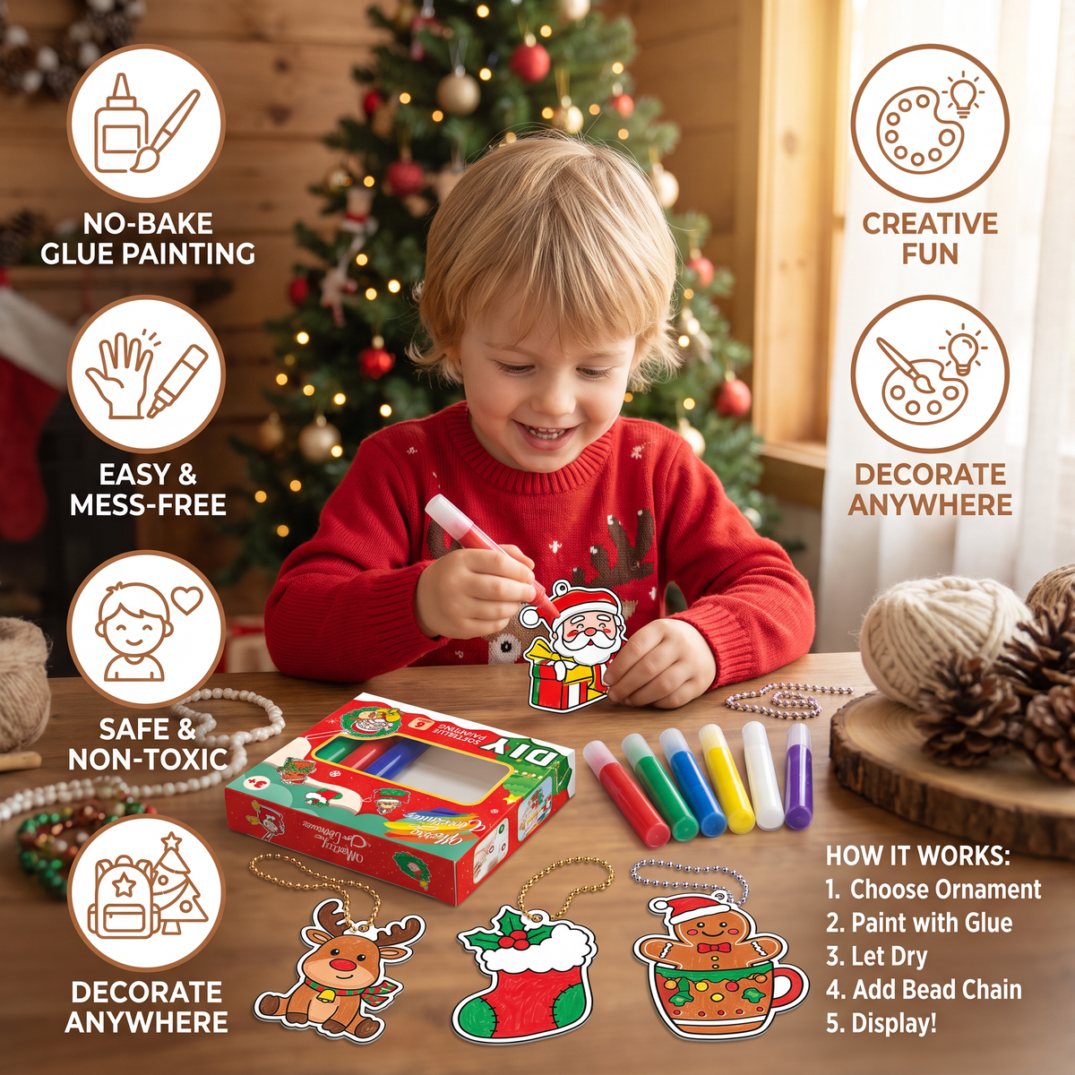 DIY Christmas No-Bake Glue Painting Ornament Craft Kit for Kids