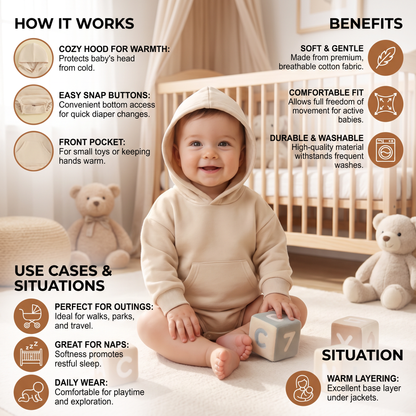 Hooded Baby Romper – Soft Long Sleeve Onesie with Front Pocket