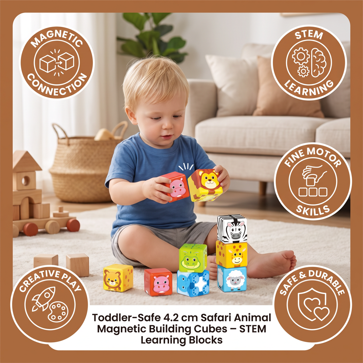 Toddler-Safe 4.2 cm Safari Animal Magnetic Building Cubes – STEM Learning Blocks