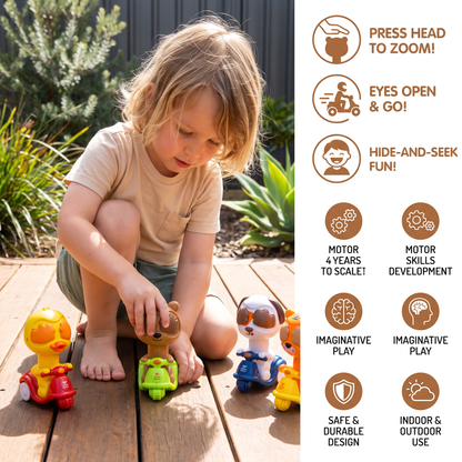 Press & Go Animal Motorcycle Toy – Cute Hide-and-Seek Character Car