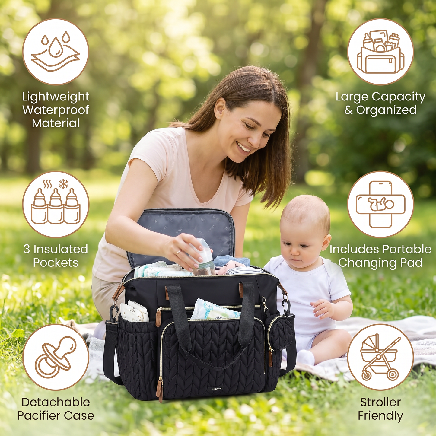 Lightweight Waterproof Diaper Tote Bag – Large Capacity with Changing Pad & Pacifier Case
