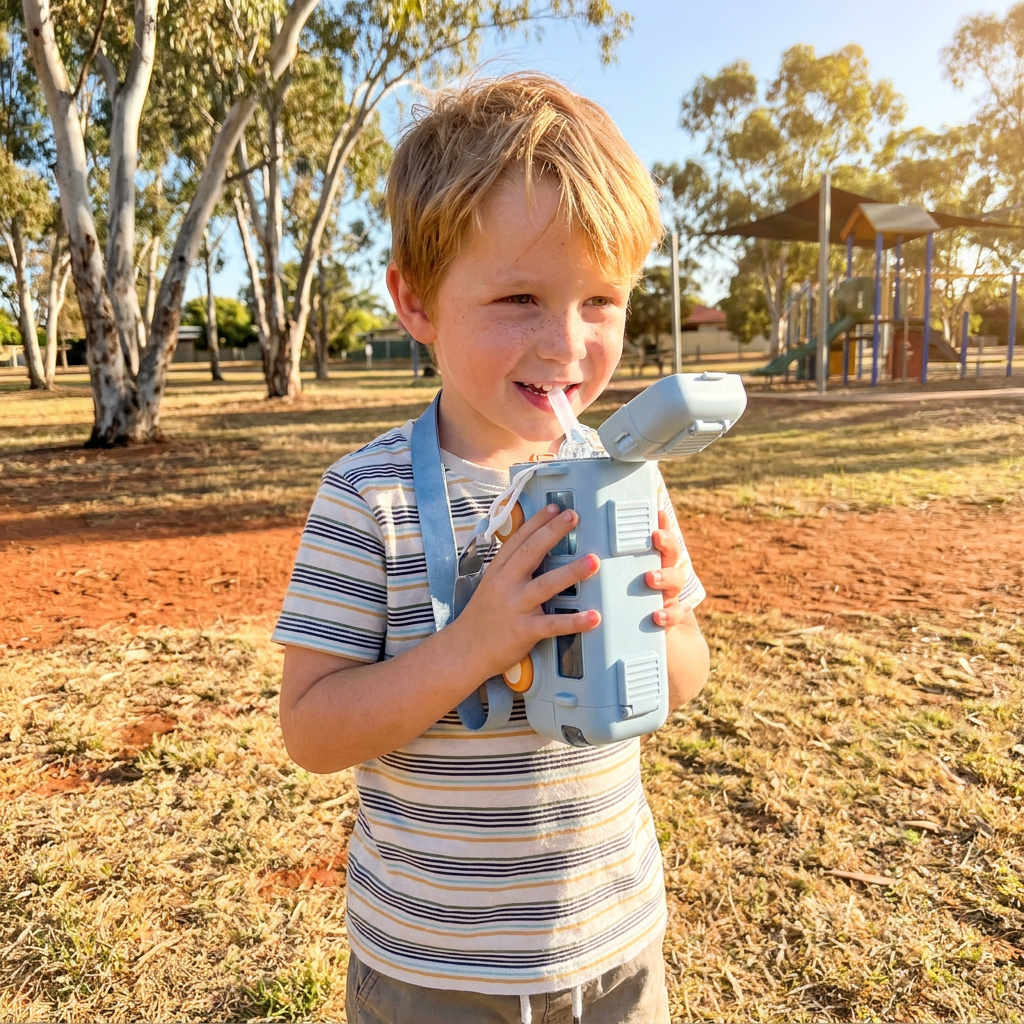 Kids Bus Shaped Water Bottle with Straw and Adjustable Strap