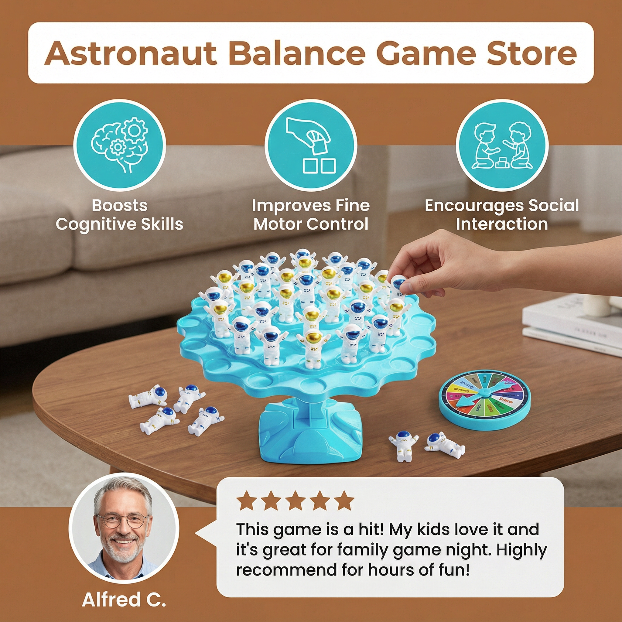 Astronaut Stacking Balance Game with Spinner and Dice