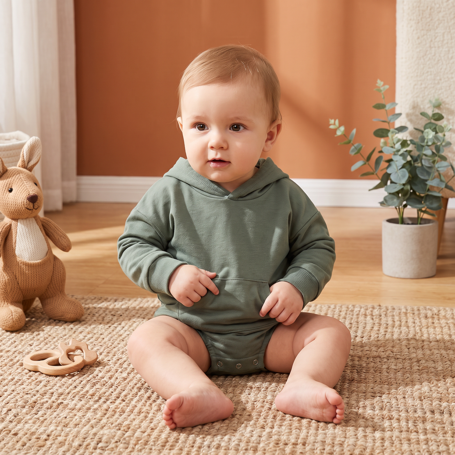 Hooded Baby Romper – Soft Long Sleeve Onesie with Front Pocket