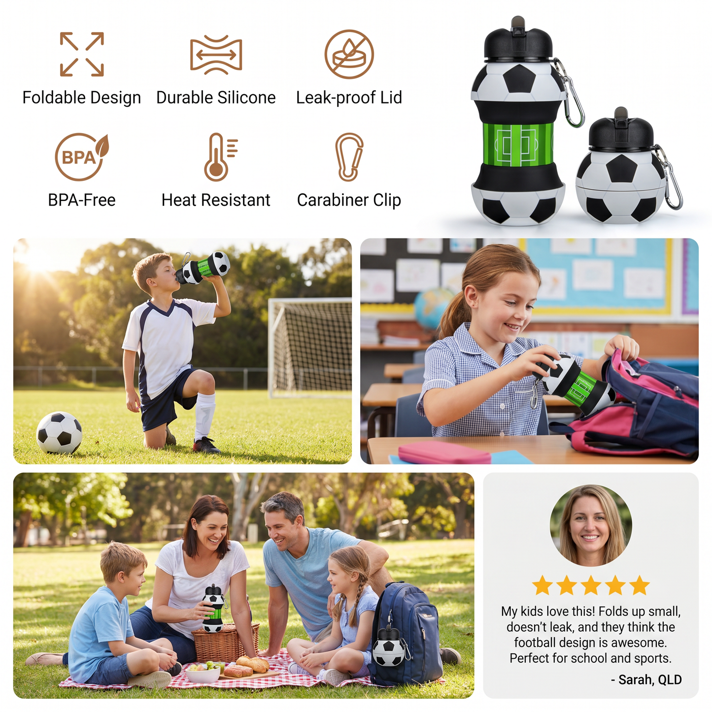 Foldable & Durable Silicone Football Water Bottle