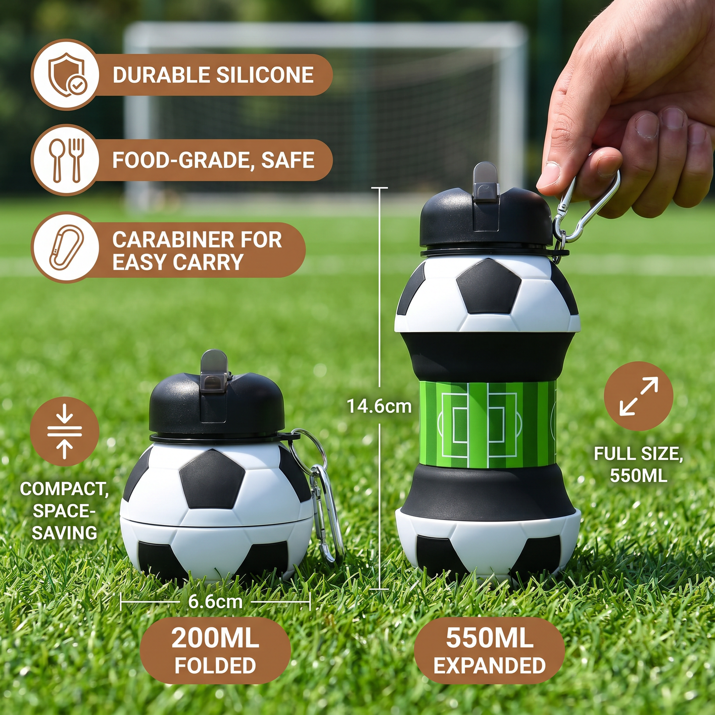Foldable & Durable Silicone Football Water Bottle