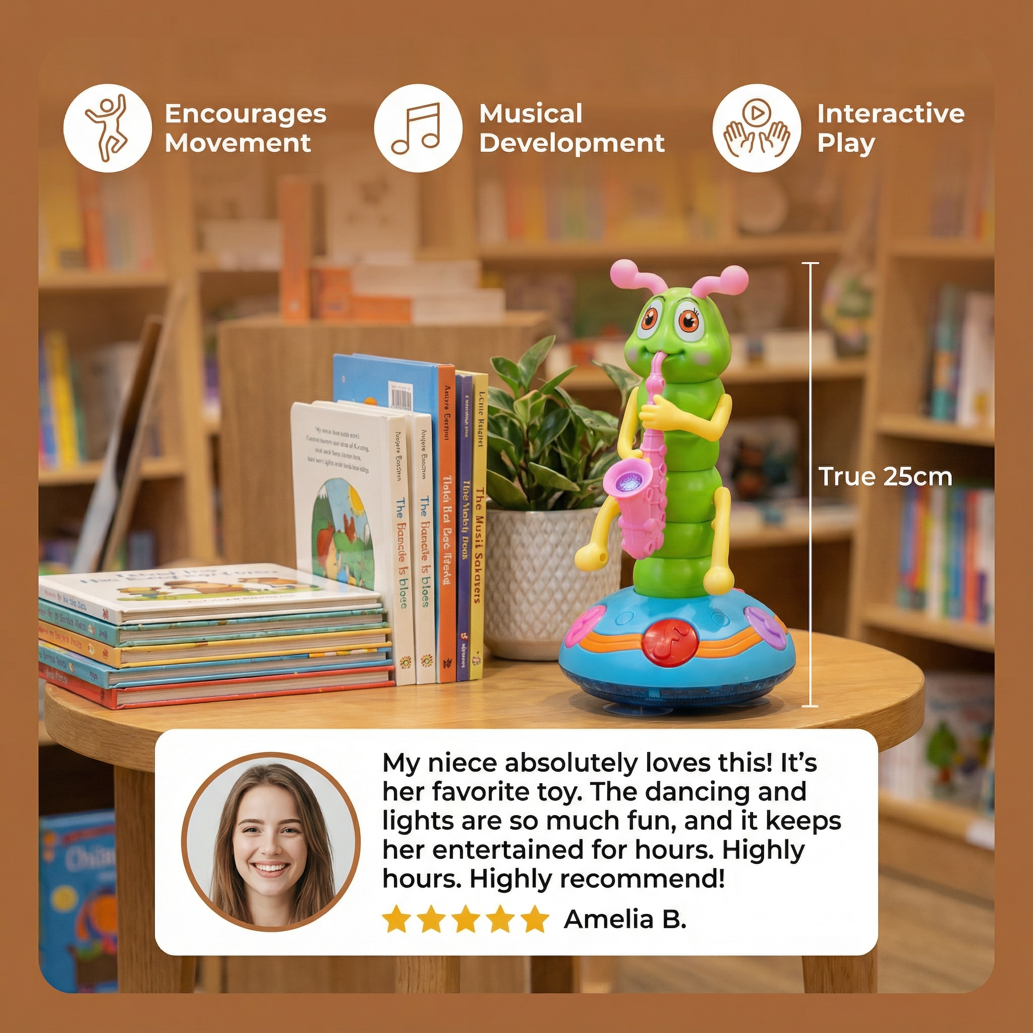 Dancing Saxophone Caterpillar Toy That Spins, Plays Music, and Flashes Colorful Lights