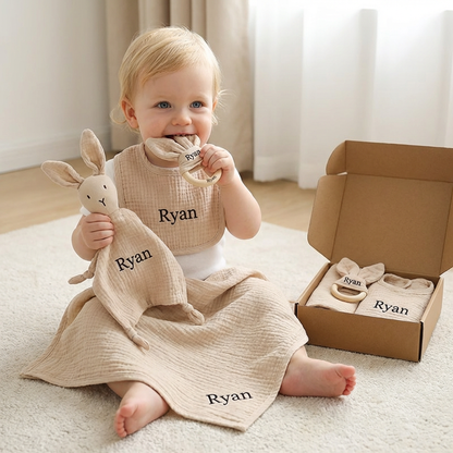 Personalized 4-Piece Newborn Gift Set – Muslin, Bunny Comforter, Teether & Bib (100% Cotton)