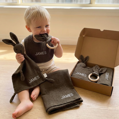Personalized 4-Piece Newborn Gift Set – Muslin, Bunny Comforter, Teether & Bib (100% Cotton)