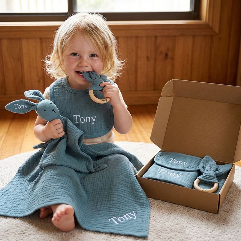 Personalized 4-Piece Newborn Gift Set – Muslin, Bunny Comforter, Teether & Bib (100% Cotton)